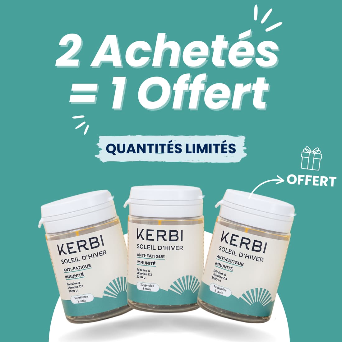 2 compléments alimentaires vitamine D3 Kerbi achetés = 1 offert