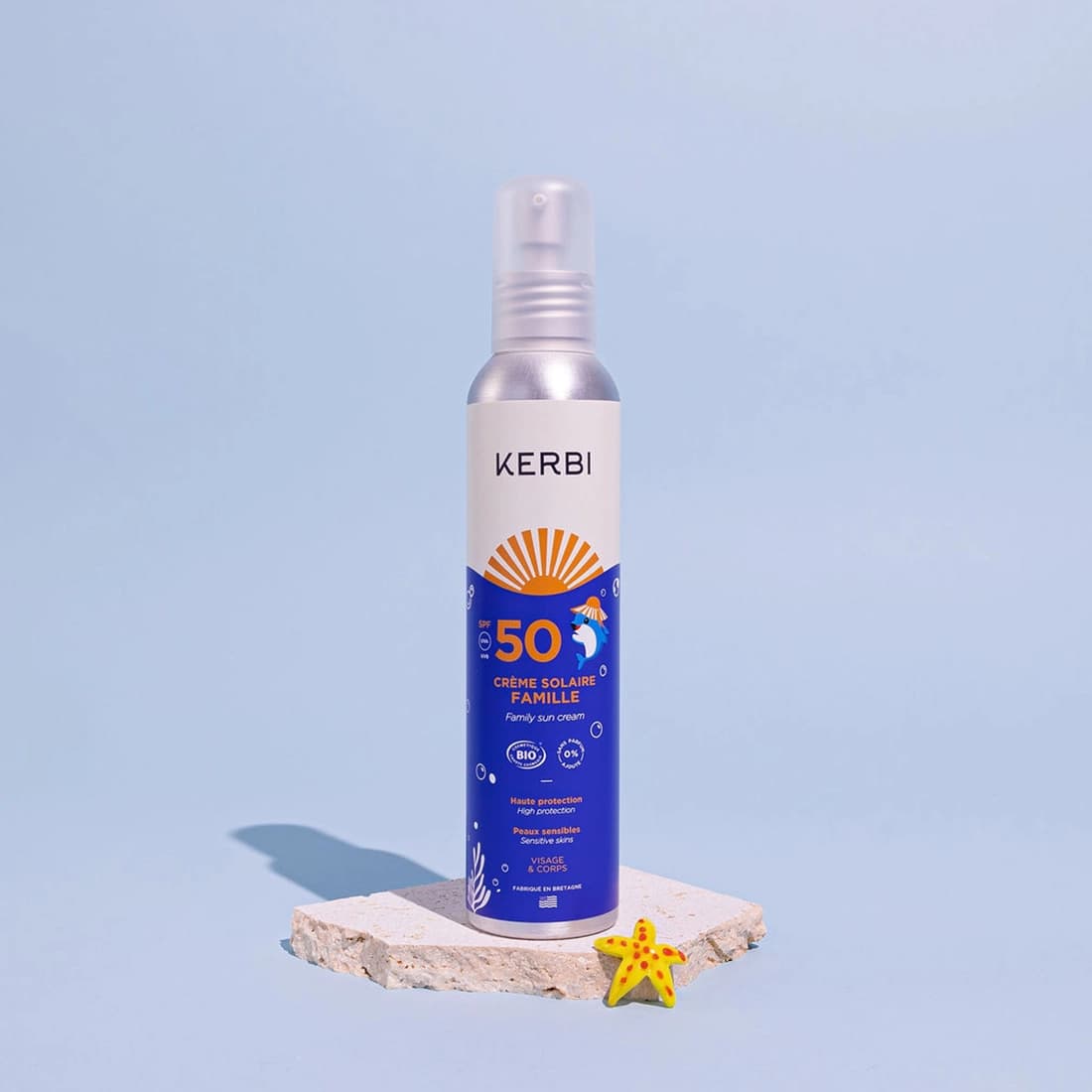 Creme solaire bio SPF50 Format Famille Kerbi - Formule douce, spécialement conçue pour la peau délicate des enfants, protection UVA/UVB