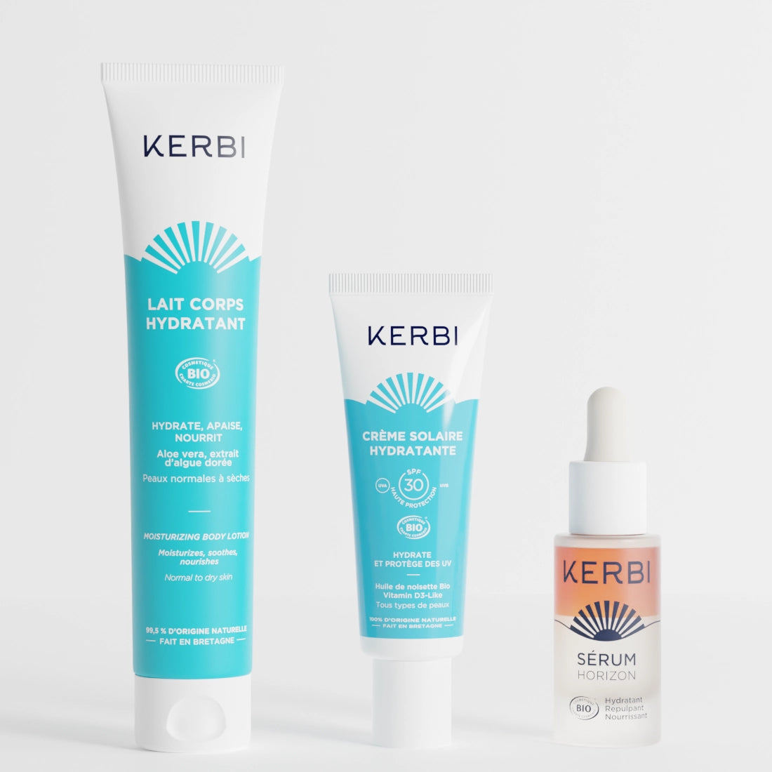 Routine complète d'hydratation Kerbi : sérum hydratant, lait corps nourrissant et crème solaire hydratante SPF 30.