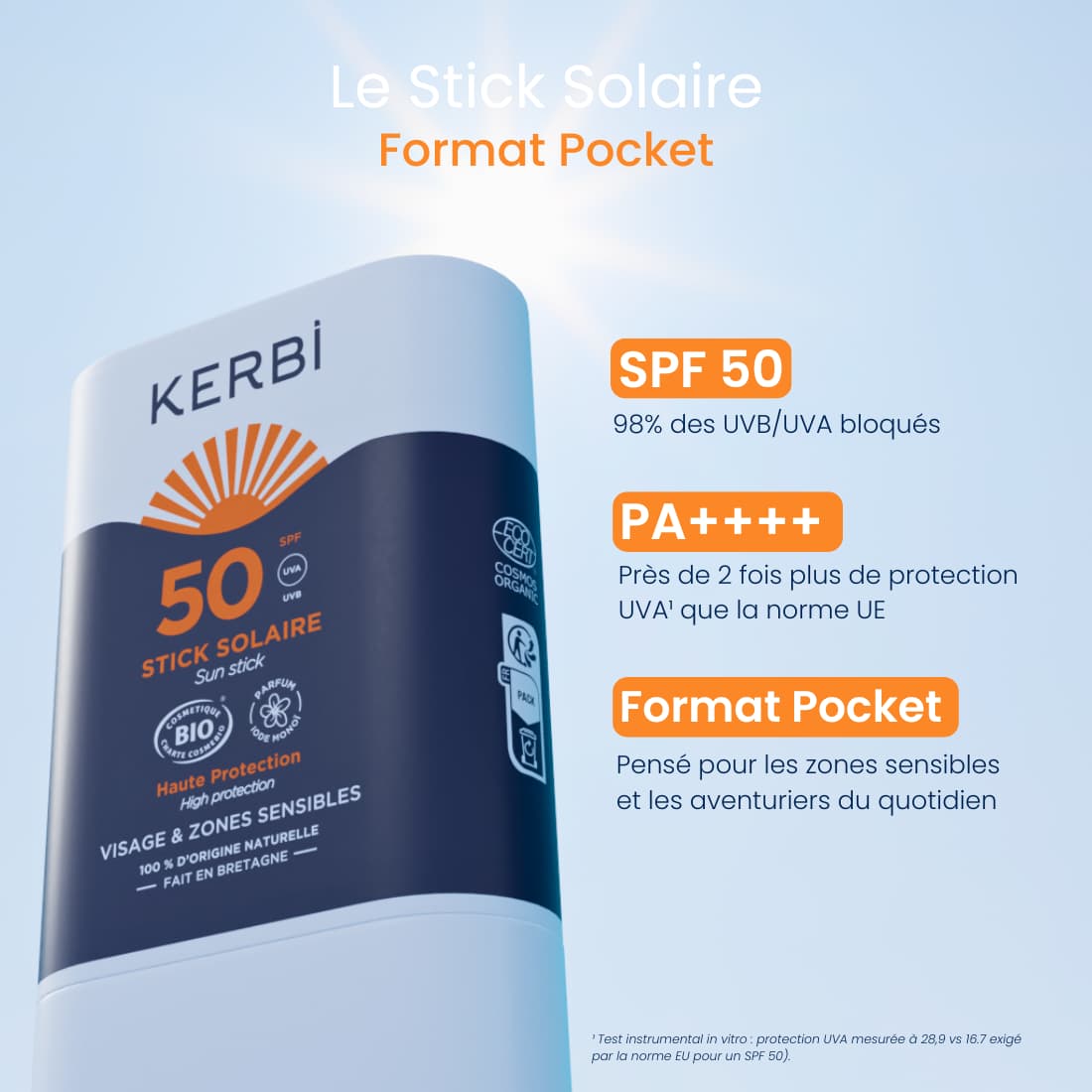 Stick solaire minéral SPF 50 Kerbi en format pocket, protection 100 % naturelle