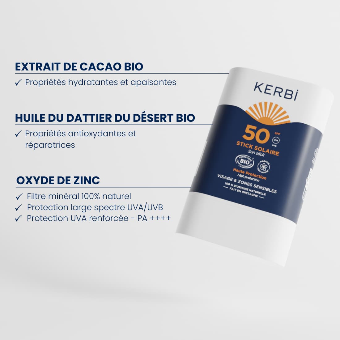 Ingrédients naturels du stick solaire Kerbi : oxyde de zinc minéral, actifs apaisants