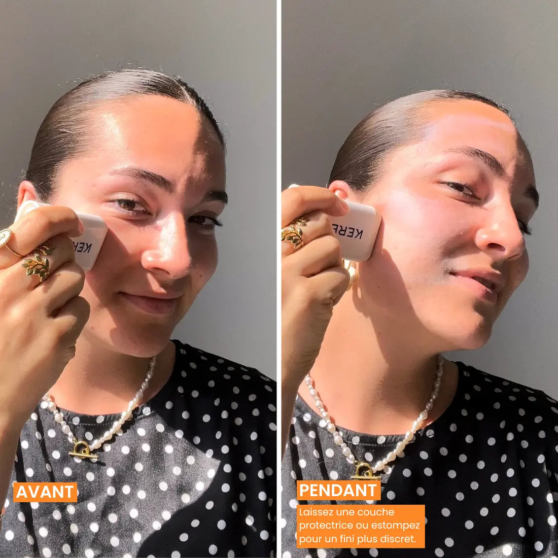 Application du stick solaire Kerbi SPF 50 sur le visage avant et pendant application