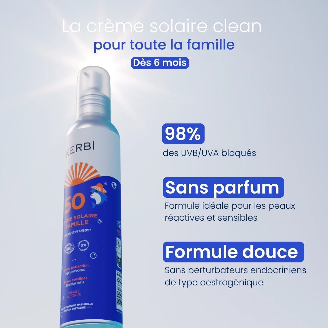 les bienfaits de la crème solaire bio SPF50 Kerbi, offrant une protection optimale contre les UV, tout en hydratant et apaisant la peau de toute la famille.