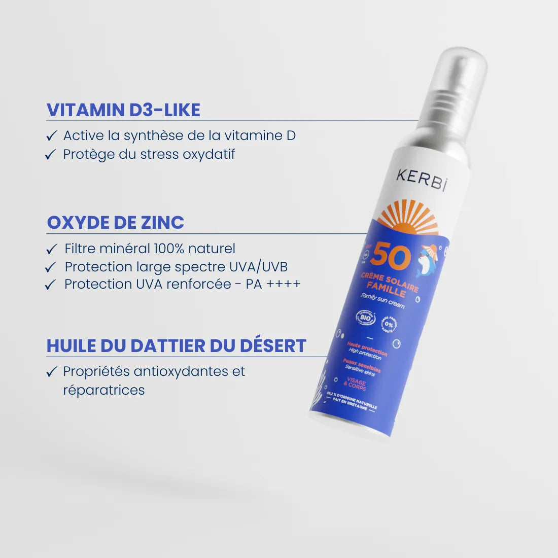 Ingrédients naturels de la crème solaire bio SPF50 Kerbi, idéale pour toute la famille.
