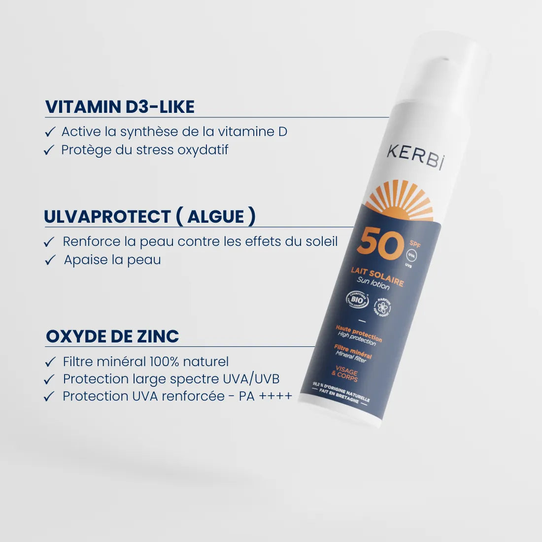 Liste des ingrédients de la crème solaire bio Kerbi SPF 50