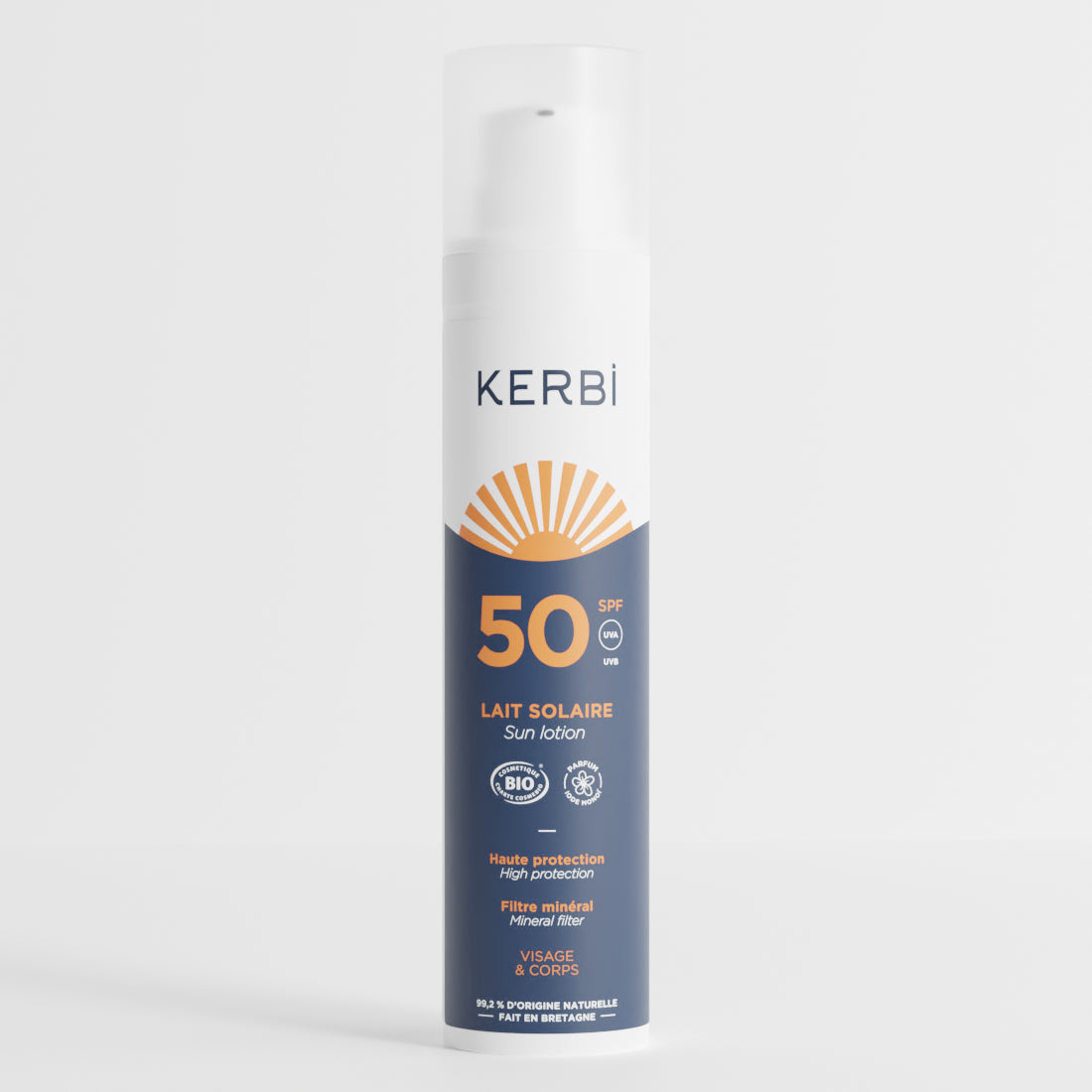 Crème solaire bio SPF 50 Kerbi en tube, haute protection contre les UV, formule naturelle respectueuse de la peau et de l'environnement.