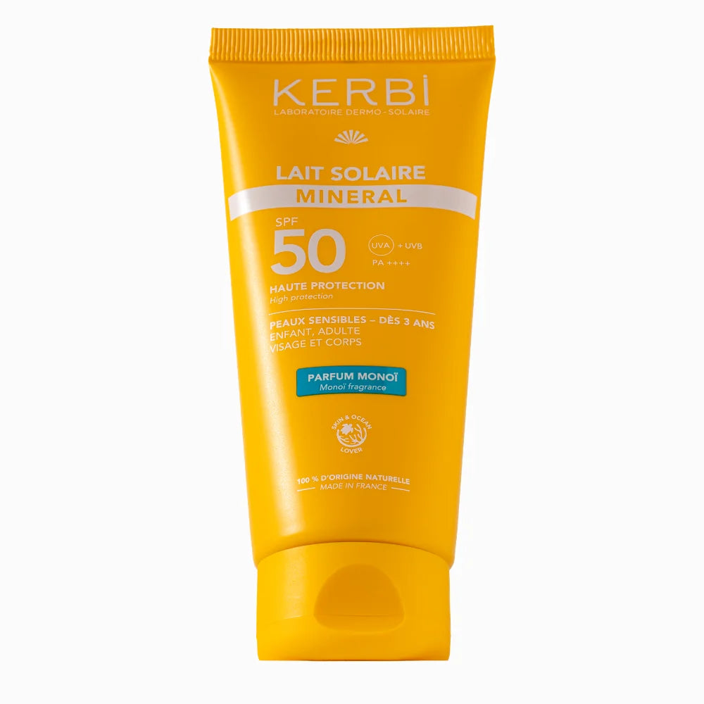 creme solaire mineral spf 50 parfum monoï. Peaux sensibles et enfants dès 3 ans. Format 100G. Visage et corps. Protection UVA renforcée. 100% d'origine naturelle. Certifiée Bio. Kerbi