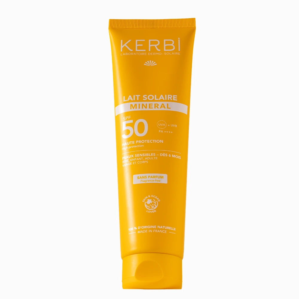 creme solaire mineral spf 50 sans parfum. Peaux sensibles et bébés, enfants dès 6 mois. Grand format 150G. Visage et corps. Protection UVA renforcée. 100% d'origine naturelle. Certifiée Bio. Kerbi