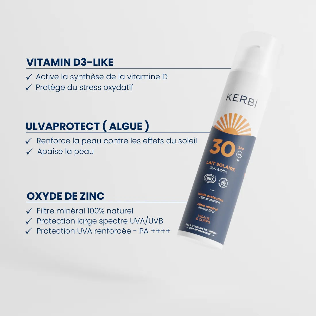 Ingrédients naturels de la crème solaire bio SPF30 Kerbi, formulée avec des actifs protecteurs et hydratants pour une peau protégée tout en respectant l'environnement