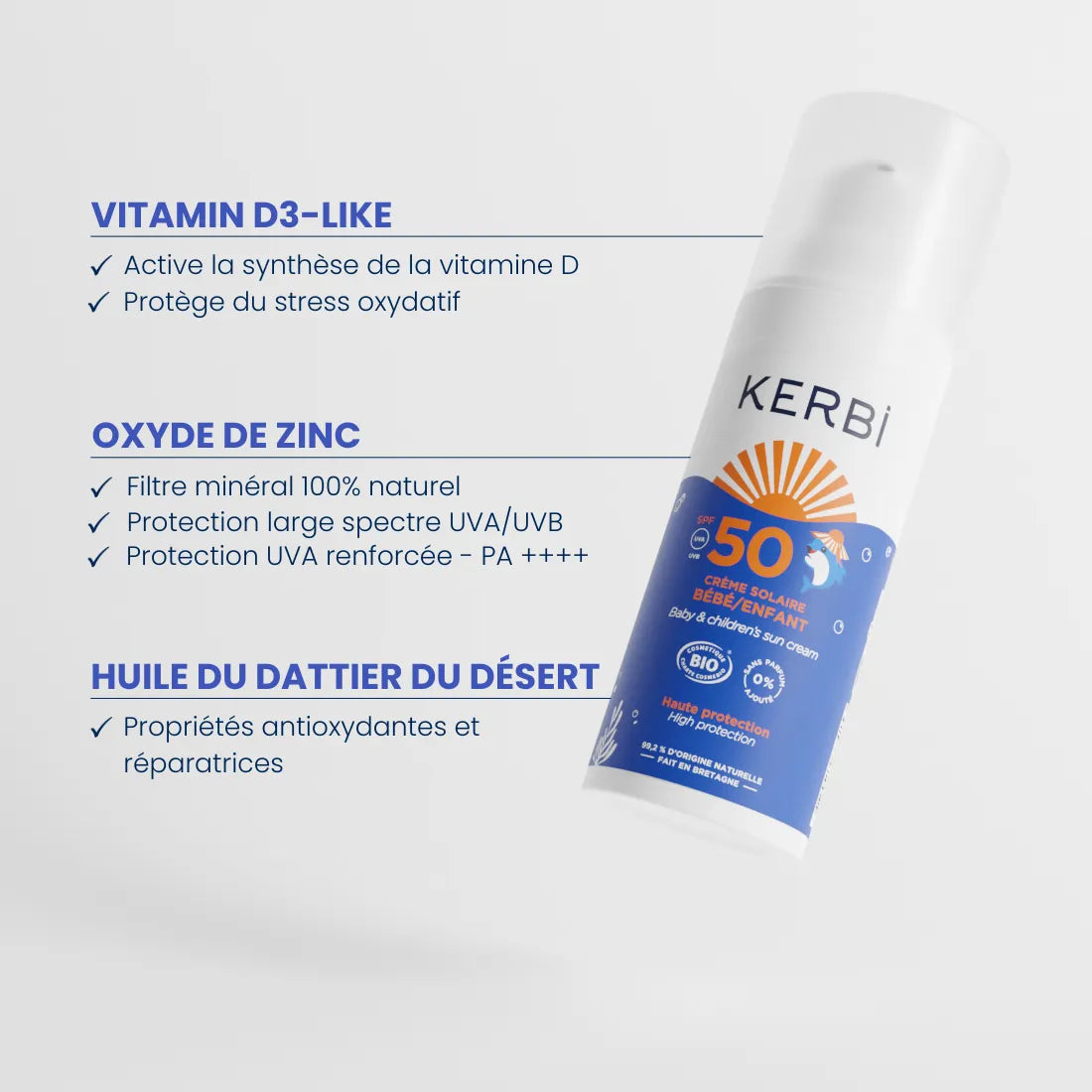 Ingrédients naturels de la crème solaire enfant bio SPF50 Kerbi, formulée avec des actifs protecteurs et hydratants pour assurer une protection solaire douce et efficace pour les peaux sensibles des enfants