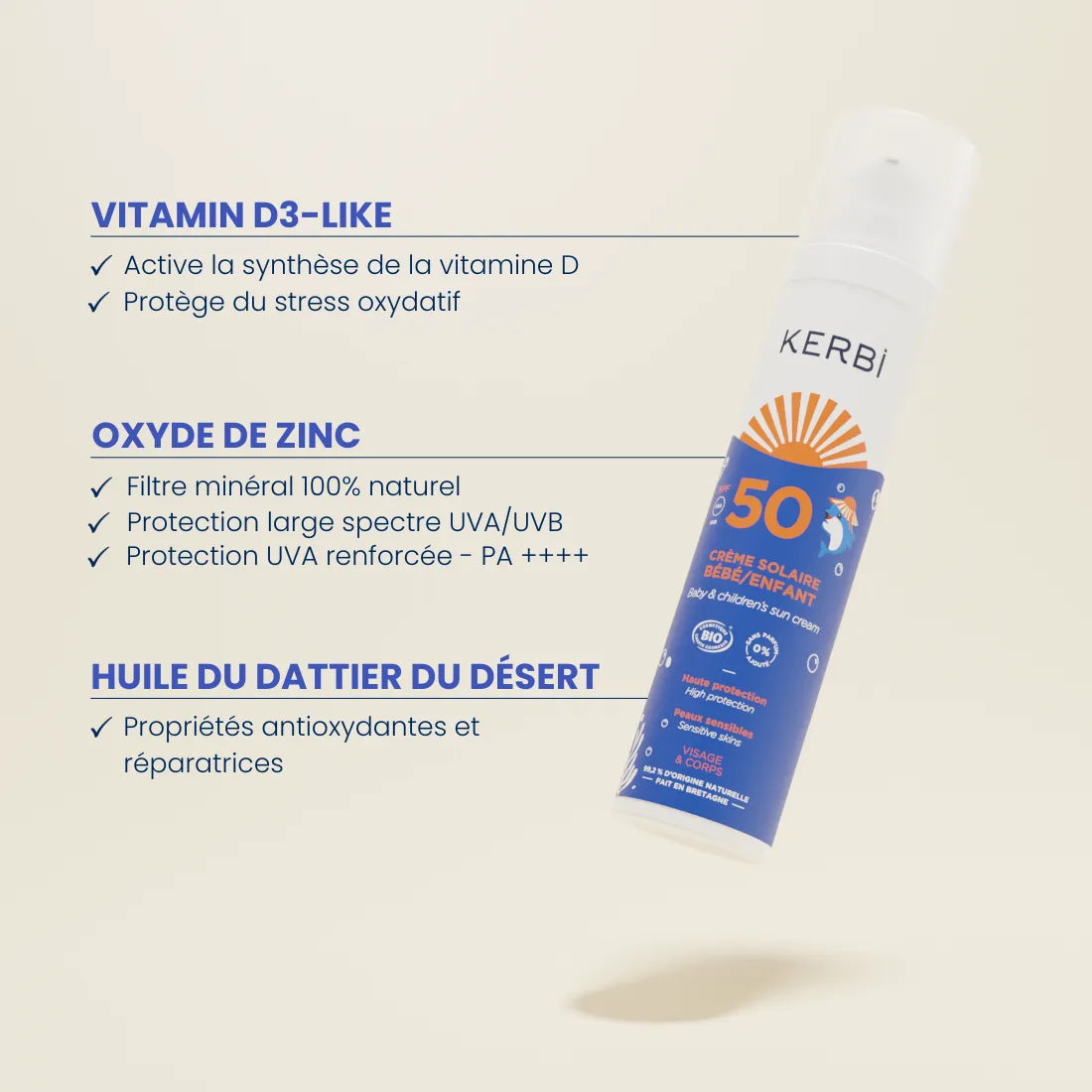 Ingrédients naturels de la crème solaire enfant bio SPF50 Kerbi, formulée avec des actifs protecteurs et hydratants pour garantir une protection solaire douce et sûre pour la peau fragile des enfants