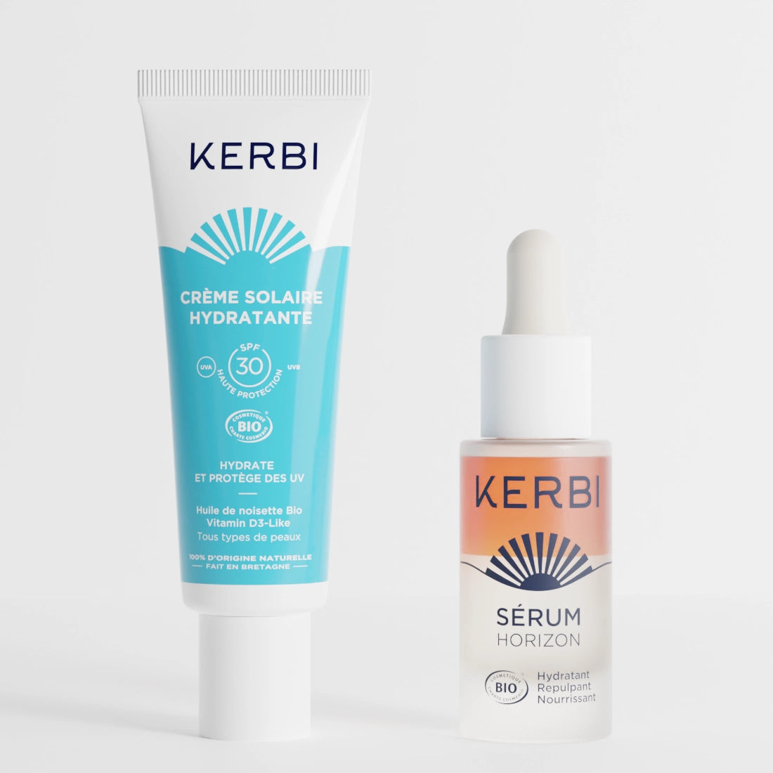 Kit routine hydratante Kerbi, comprenant la crème solaire hydratante SPF30 et le sérum, pour une protection solaire optimale et une hydratation en profondeur avec des ingrédients naturels