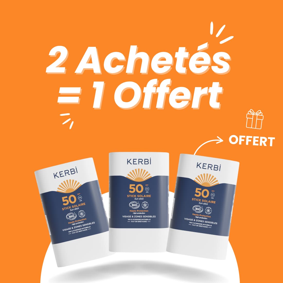 2 sticks solaires spf 50 Kerbi achetés = 1 offert