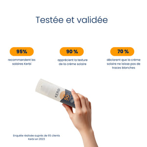 Témoignages clients sur la crème solaire bio SPF 50 Kerbi en format voyage, appréciée pour son efficacité, sa praticité et sa formule respectueuse de la peau.