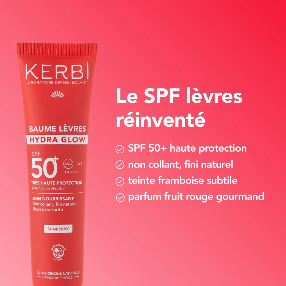 Baumes lèvres SPF 50+ hydra glow. Soisn nourrissant, non collant, fini naturel. Teinte framboise Sunberry, parfum fruit rouge. Kerbi