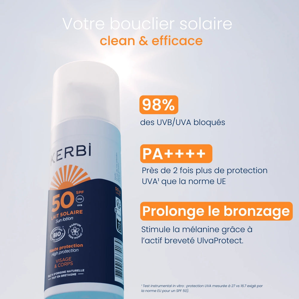 Crème solaire bio Kerbi SPF 50 en format voyage, idéale pour une protection solaire haute performance partout où vous allez, tout en étant facile à emporter.