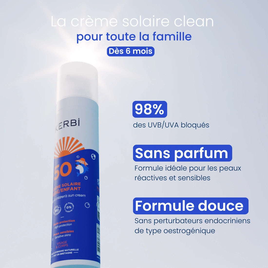 Protection haute contre les rayons UV, hydratation et apaisement de la peau délicate des enfants, avec une formule douce, naturelle et respectueuse de la peau sensible