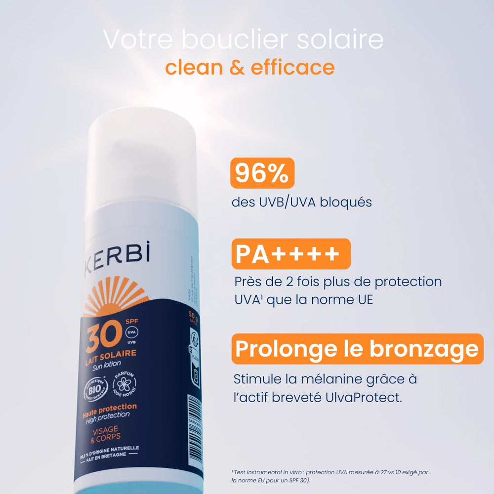 Crème solaire bio SPF30 Kerbi en format voyage, idéale pour une protection solaire efficace et pratique à emporter partout