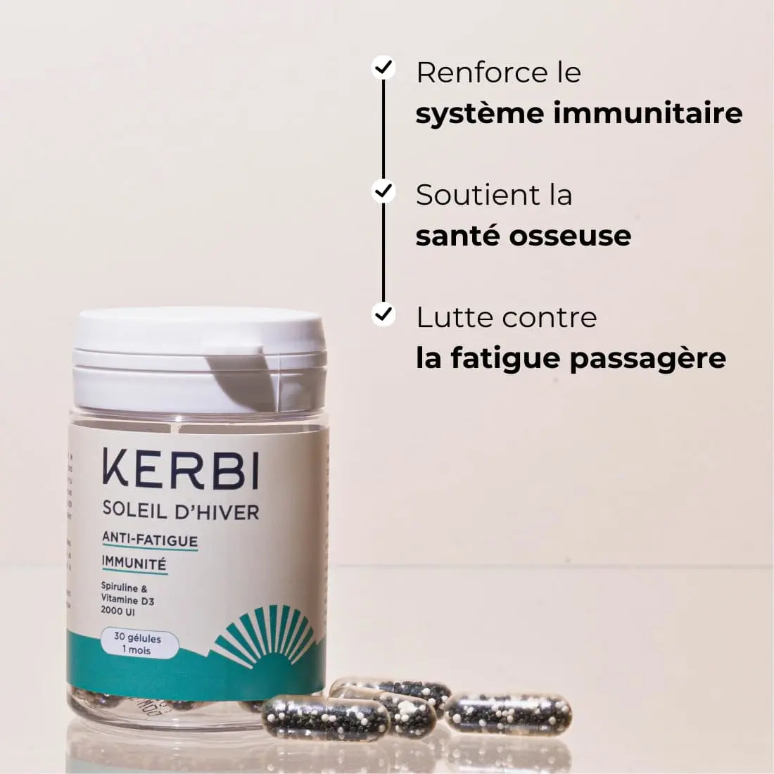 Compléments alimentaires Kerbi - Vitamine D3, renforce l'immunité et la santé osseuse, capsules naturelles.