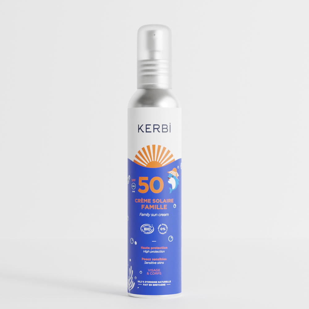 Creme solaire bio SPF50 Format Famille Kerbi - Formule douce, spécialement conçue pour la peau délicate des enfants, protection UVA/UVB