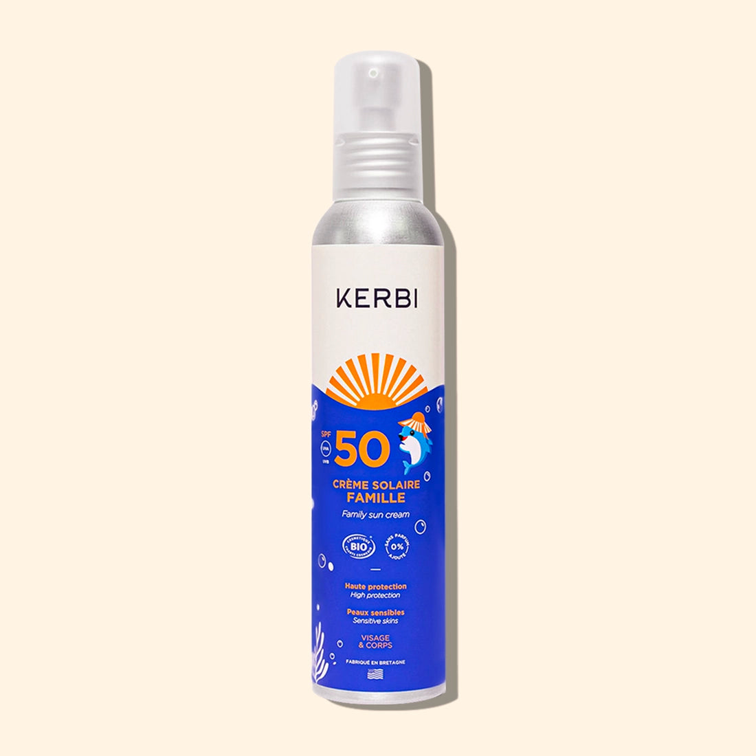 Creme solaire bio SPF50 Format Famille Kerbi - Formule douce, spécialement conçue pour la peau délicate des enfants, protection UVA/UVB