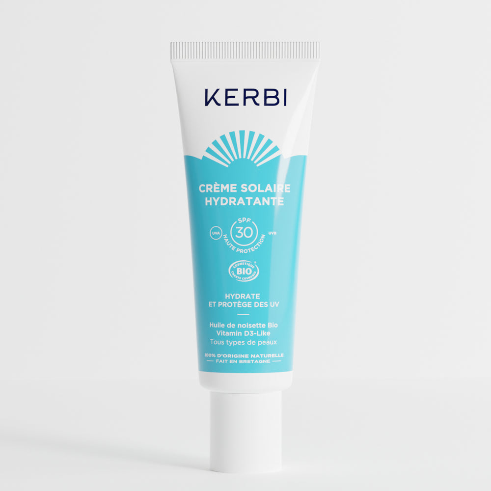 Crème solaire visage naturelle Kerbi avec filtre minéral, hydrate et protège des UV