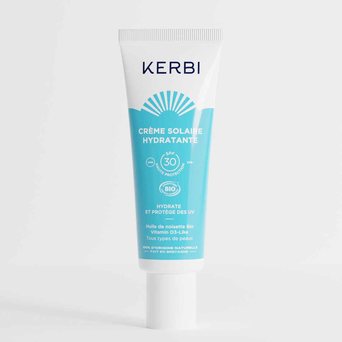 Crème solaire visage naturelle Kerbi avec filtre minéral, hydrate et protège des UV