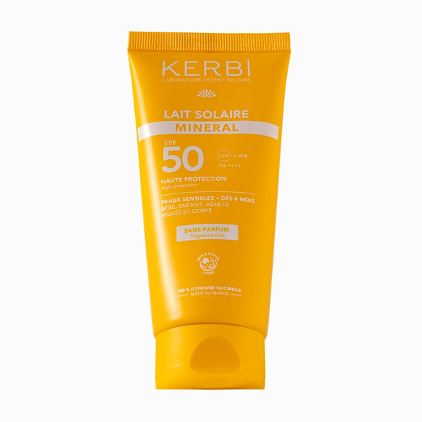 creme solaire mineral spf 50 sans parfum. Peaux sensibles et bébés, enfants dès 6 mois. Format 100G. Visage et corps. Protection UVA renforcée. 100% d'origine naturelle. Certifiée Bio. Kerbi