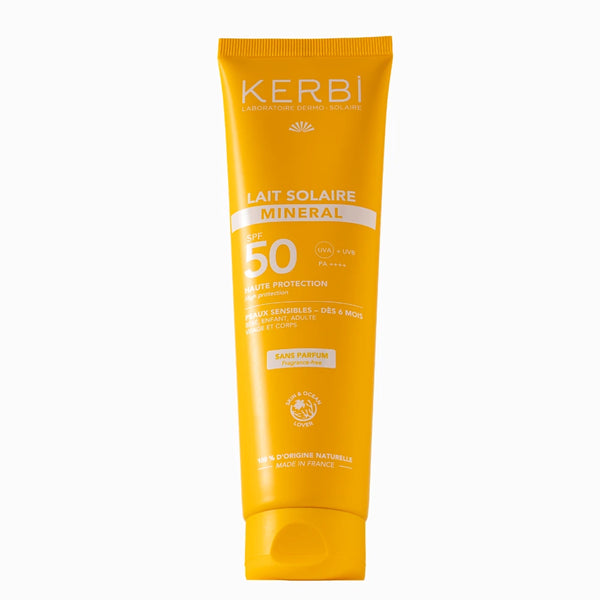 creme solaire mineral spf 50 sans parfum. Peaux sensibles et bébés, enfants dès 6 mois. Grand format 150G. Visage et corps. Protection UVA renforcée. 100% d'origine naturelle. Certifiée Bio. Kerbi