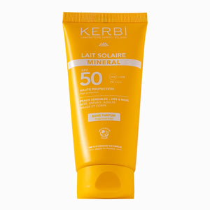 creme solaire mineral spf 50 sans parfum. Peaux sensibles et bébés, enfants dès 6 mois. Format voyage 50G. Visage et corps. Protection UVA renforcée. 100% d'origine naturelle. Certifiée Bio. Kerbi