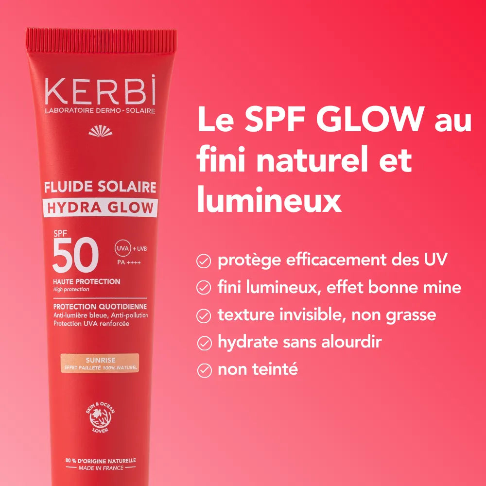 fluide solaire visage spf 50 hydra glow protection quotidienne ,anti pollution, anti lumière bleue, protection UVA renforcée