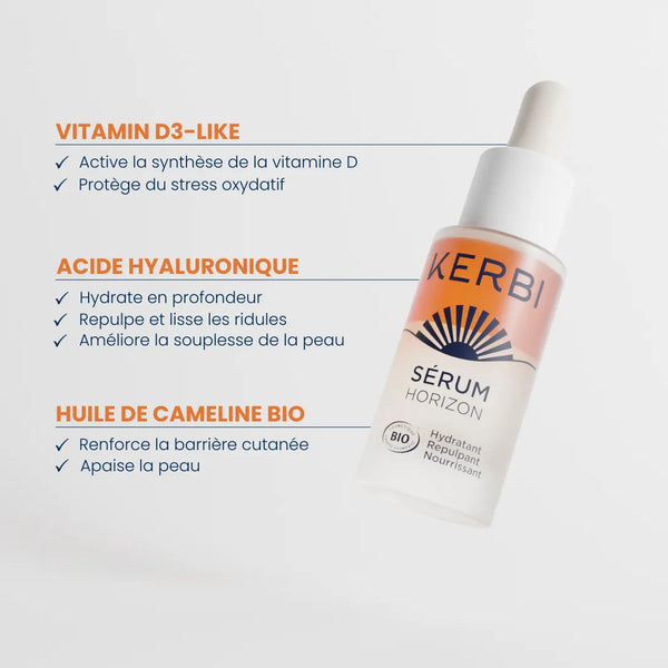 Ingrédients du sérum hydratant Kerbi, formulé avec des actifs naturels pour hydrater, nourrir et revitaliser la peau en profondeur