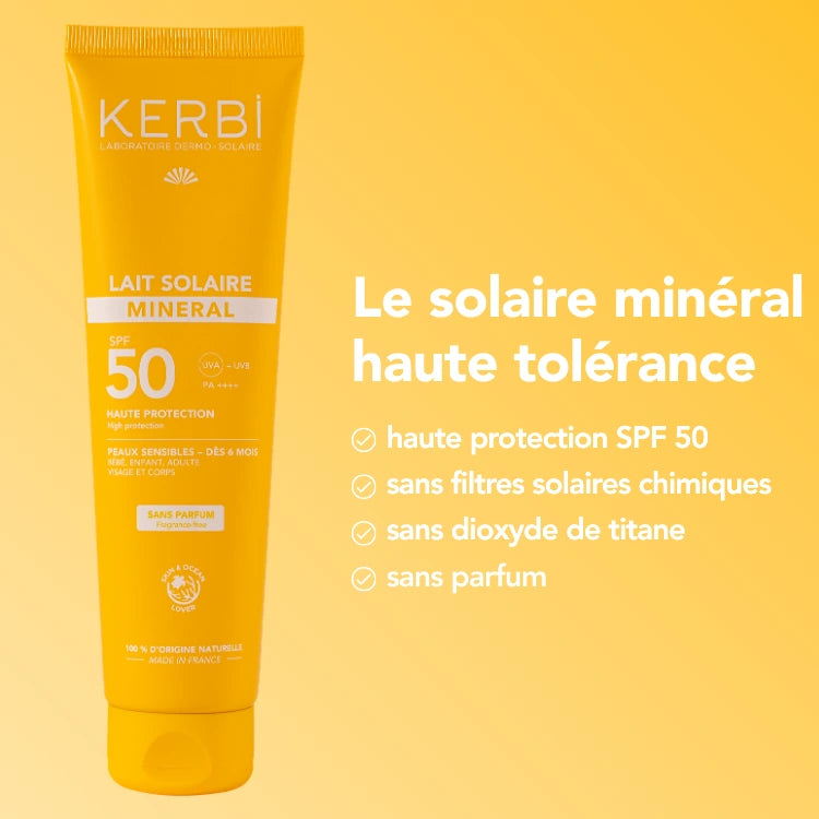 creme solaire mineral spf 50 sans parfum. Peaux sensibles et bébés, enfants dès 6 mois. Grand format 150G. Visage et corps. Protection UVA renforcée. 100% d'origine naturelle. Certifiée Bio. Kerbi