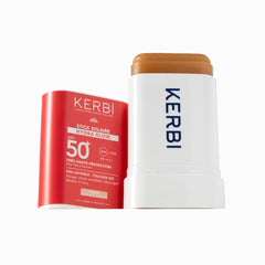 Stick solaire hydra glow SPF 50+ invisible avec un effet nacré. Résiste à l'eau, protection UVA renforcée. Visage, zones sensibles, tatouages. Kerbi.