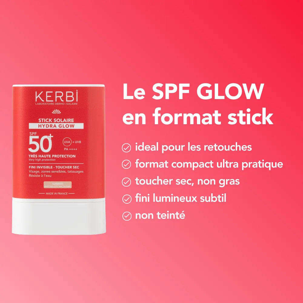 Stick solaire hydra glow SPF 50+ invisible avec un effet nacré. Résiste à l'eau, protection UVA renforcée. Visage, zones sensibles, tatouages. Kerbi.